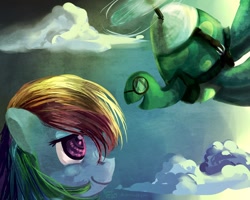 Size: 1000x800 | Tagged: safe, artist:foreversoaring, rainbow dash, tank, pegasus, pony, female, flying, mare, sky, smiling