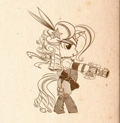 Size: 569x585 | Tagged: safe, artist:bunnimation, trixie, pony, unicorn, alternate hairstyle, bipedal, brown background, clothes, female, gun, handgun, hat, high res, mare, monochrome, photoshop, revolver, simple background, solo, steampunk, weapon