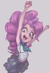 Size: 688x1000 | Tagged: safe, artist:conoghi, pinkie pie, equestria girls, friendship games, armpits, belly button, cute, diapinkes, gray background, looking at you, open mouth, pixiv, pony coloring, simple background, solo