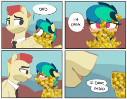 Size: 3019x2355 | Tagged: safe, artist:shinodage, edit, editor:twitchyylive, oc, oc:apogee, oc:jet stream, pegasus, pony, apojet, comic, corn, corny, dad joke, father and child, father and daughter, female, filly, food, male, not salmon, parent and child, pun, safe edit, wat