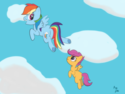 Size: 1500x1125 | Tagged: safe, artist:augjodo, rainbow dash, scootaloo, pegasus, pony, blank flank, cloud, colored, digital art, dock, duo, female, flying, frog (hoof), mare, scootaloo can fly, sky, underhoof