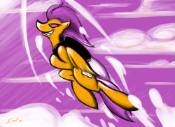 Size: 1405x1023 | Tagged: safe, artist:saliantsunbreeze, scootaloo, pegasus, pony, fake cutie mark, female, filly, flying, jetpack, sky, solo