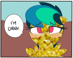 Size: 804x632 | Tagged: safe, artist:shinodage, edit, oc, oc:apogee, pegasus, pony, corn, cropped, food, pun