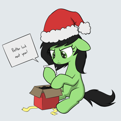 Size: 2000x2000 | Tagged: safe, artist:skitter, oc, oc only, oc:anon filly, earth pony, pony, christmas, coal, disappointed, female, filly, holiday, note, present, simple background, solo, white background