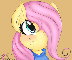 Size: 2443x2050 | Tagged: safe, artist:freefraq, fluttershy, pegasus, pony, bust, clothes, cute, female, filly, hair over one eye, hoodie, looking up, portrait, shyabetes, simple background, smiling, solo