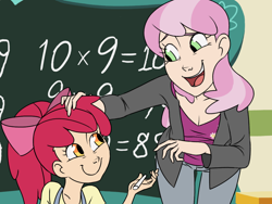 Size: 1024x768 | Tagged: safe, artist:thelivingmachine02, apple bloom, cheerilee, human, chalkboard, female, gimp, humanized, math, teacher and student, you're doing it wrong