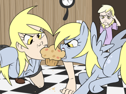 Size: 1024x768 | Tagged: safe, artist:thelivingmachine02, derpy hooves, dinky hooves, human, pegasus, pony, clock, crumbs, facepalm, female, fight, floor, funny, funny as hell, gimp, human ponidox, humanized, mare, mouth hold, muffin, self ponidox, that pony sure does love muffins, tug of war, unamused, wat