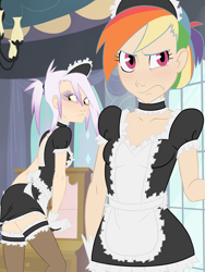 Size: 1200x1600 | Tagged: safe, artist:thelivingmachine02, gilda, rainbow dash, human, breasts, clothes, female, humanized, maid, skinny, small breasts, unamused