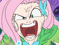 Size: 1024x768 | Tagged: safe, artist:thelivingmachine02, fluttershy, human, the best night ever, close-up, clothes, dress, female, flutterrage, gala dress, gums, humanized, looking at you, open mouth, scene interpretation, solo, uvula, wide eyes, yelling, you're going to love me