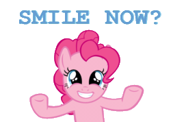 Size: 900x640 | Tagged: source needed, useless source url, safe, artist:sociox, pinkie pie, earth pony, pony, animated, caption, female, gif, homestuck, looking at you, mare, meme, no more ponies at source, simple background, smiling, solo, text, transparent background, what now