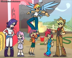 Size: 1152x922 | Tagged: safe, artist:glancojusticar, apple bloom, applejack, rainbow dash, rarity, scootaloo, sweetie belle, human, applejack's hat, bandage, bandaid, bandana, barn, belly button, boots, clothes, cowboy boots, cowboy hat, cowboy vest, cutie mark crusaders, dress, female, flying, hat, hay bale, horned humanization, humanized, let me love you, overalls, pointed breasts, siblings, smoke, winged humanization, wings, wristwatch