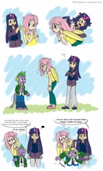 Size: 1500x2500 | Tagged: safe, artist:glancojusticar, fluttershy, spike, twilight sparkle, dragon, human, clothes, comic, dialogue, female, horned humanization, humanized, male, scene interpretation, sweater vest, tanktop, winged humanization