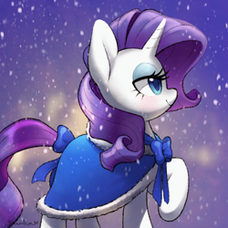 Size: 900x900 | Tagged: safe, artist:dawnfire, rarity, pony, unicorn, cloak, clothes, female, mare, smiling, snow, snowfall, solo