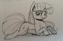 Size: 1000x652 | Tagged: safe, artist:post-it, twilight sparkle, unicorn twilight, pony, unicorn, female, ink drawing, lidded eyes, looking at you, mare, monochrome, prone, simple background, sketch, smiling, solo, traditional art, white background