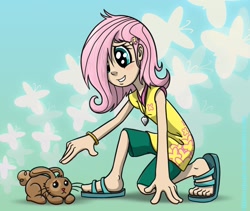 Size: 1280x1080 | Tagged: safe, artist:glancojusticar, fluttershy, human, rabbit, breasts, delicious flat chest, female, filly fluttershy, flattershy, humanized, sandals, skinny, solo, younger