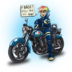 Size: 1024x1024 | Tagged: safe, artist:glancojusticar, rainbow dash, human, female, humanized, motorcycle, solo