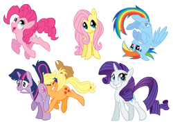 Size: 2338x1700 | Tagged: safe, artist:glancojusticar, applejack, fluttershy, pinkie pie, rainbow dash, rarity, twilight sparkle, unicorn twilight, earth pony, pegasus, pony, unicorn, crash, female, mane six, mare, photoshop, simple background, transparent background