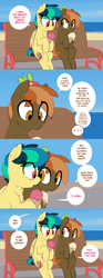 Size: 1206x3244 | Tagged: safe, artist:shinodage, button mash, oc, oc:apogee, earth pony, pegasus, pony, bench, buttongee, colt, comic, dialogue, duo, female, filly, food, ice cream, male, speech bubble