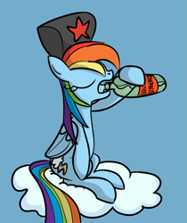 Size: 1243x1480 | Tagged: safe, artist:heretichesh, rainbow dash, pegasus, pony, alcohol, blue background, cloud, drinking, eyes closed, female, mare, on a cloud, open mouth, russian, simple background, sitting, sky, vodka