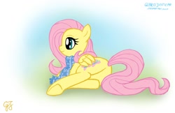 Size: 1300x840 | Tagged: safe, artist:glancojusticar, fluttershy, pegasus, pony, clothes, female, flutterbutt, gradient background, mare, plot, profile, prone, scarf, solo, underhoof