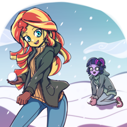 Size: 1600x1600 | Tagged: safe, artist:rockset, sci-twi, sunset shimmer, twilight sparkle, equestria girls, clothes, duo, female, glasses, gloves, open mouth, pants, shoes, sneakers, snow, snowball, snowfall, winter