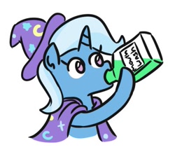 Size: 403x350 | Tagged: safe, artist:jargon scott, trixie, pony, unicorn, bottle, cape, clothes, drink, drinking, female, hat, hoof hold, mare, mouth wash, simple background, solo, trixie's cape, trixie's hat, white background