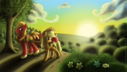 Size: 1920x1080 | Tagged: safe, artist:glancojusticar, apple bloom, applejack, big macintosh, earth pony, pony, apple siblings, apple sisters, brother and sister, female, filly, flower, foal, male, mare, siblings, sisters, sleeping, stallion, sunset, tree, trio, wallpaper