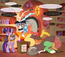 Size: 1360x1200 | Tagged: safe, artist:glancojusticar, discord, twilight sparkle, draconequus, pony, unicorn, bag, bipedal, female, glasses, golden oaks library, library, male, mare, paper-thin disguise, seems legit