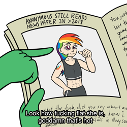 Size: 1280x1280 | Tagged: safe, artist:mkogwheel, rainbow dash, oc, oc:anon, human, /mlp/, breasts, copypasta, current year, delicious flat chest, drawthread, humanized, meme, navy seal copypasta, newspaper, rainbow flat, vulgar