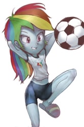 Size: 297x450 | Tagged: safe, artist:conoghi, rainbow dash, equestria girls, ball, clothes, debate in the comments, football, midriff, slippers, solo