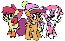 Size: 1844x1170 | Tagged: safe, artist:heretichesh, apple bloom, scootaloo, sweetie belle, boots, clothes, cutie mark crusaders, goggles, hat, scarf, winter outfit