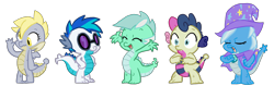 Size: 3162x1000 | Tagged: safe, artist:itsaaudraw, bon bon, derpy hooves, dj pon-3, lyra heartstrings, sweetie drops, trixie, vinyl scratch, dragon, pony, baby, baby dragon, cape, clothes, dragoness, dragonified, female, get, hat, repdigit milestone, simple background, species swap, transparent background, trixie's cape, trixie's hat