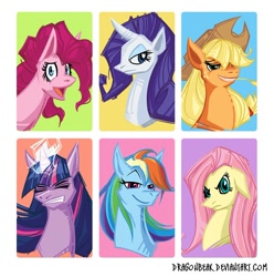 Size: 800x807 | Tagged: safe, artist:dragonbeak, applejack, fluttershy, pinkie pie, rainbow dash, rarity, twilight sparkle, earth pony, pegasus, pony, unicorn, bust, female, mane six, mare, portrait, profile