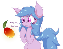 Size: 2125x1646 | Tagged: safe, artist:an-m, oc, oc only, oc:fruit hulu, bat pony, fruit bat, pony, bat pony oc, c:, cute, ear tufts, eyes on the prize, fangs, female, floating, fruit, glow, looking at something, mare, misspelling, shivering, simple background, smiling, solo, sweat, transparent background, wingless