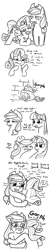 Size: 531x2542 | Tagged: safe, artist:jargon scott, applejack, rarity, twilight sparkle, earth pony, pony, unicorn, alcohol, applejack is not amused, black and white, bottle, bust, comic, crying, dialogue, drunk, female, friendship, grayscale, hoof hold, mare, monochrome, onomatopoeia, simple background, teary eyes, unamused, vomit, vomiting, white background, wine, wine bottle