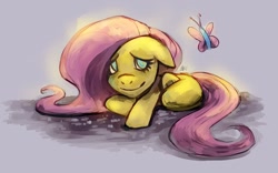 Size: 800x498 | Tagged: dead source, safe, artist:asieybarbie, fluttershy, butterfly, pegasus, pony, female, floppy ears, mare, photoshop, prone, smiling, solo