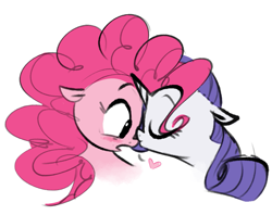 Size: 915x723 | Tagged: safe, artist:hattsy, pinkie pie, rarity, earth pony, pony, unicorn, blushing, cute, eyes closed, female, heart, kissing, lesbian, mare, nose kiss, raripie, shipping, simple background, surprised, white background