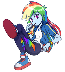 Size: 1800x2000 | Tagged: safe, artist:rockset, rainbow dash, better together, equestria girls, clothes, converse, female, food, geode of super speed, looking at you, magical geodes, pants, pocky, raised leg, shirt, shoes, simple background, sneakers, solo, white background