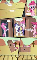 Size: 800x1315 | Tagged: safe, artist:loceri, pinkie pie, rarity, earth pony, pony, unicorn, the last roundup, comic, desperation, dialogue, dirty, female, floppy ears, frown, levitation, magic, mare, messy mane, need to pee, omorashi, open mouth, outhouse, photoshop, potty emergency, potty time, slice of life, smiling, telekinesis, this will end in death, this will end in tears, this will end in tears and/or death, toilet humor, wide eyes