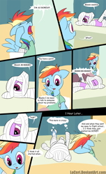 Size: 800x1315 | Tagged: safe, artist:loceri, bandage pony, rainbow dash, rough tumble, pegasus, pony, read it and weep, bed, comic, confession, dialogue, female, hospital, injured, male, mare, photoshop, slice of life, stallion