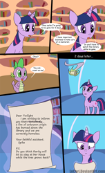 Size: 800x1315 | Tagged: safe, artist:loceri, spike, twilight sparkle, unicorn twilight, dragon, pony, unicorn, comic, dialogue, dragon mail, female, fire, golden oaks library, harsher in hindsight, letter, library, male, mare, photoshop, scroll, slice of life, twilight is not amused, unamused