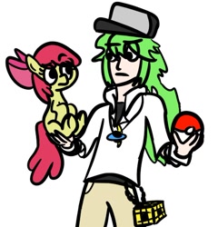 Size: 452x471 | Tagged: safe, artist:heretichesh, apple bloom, human, crossover, hat, holding, n, natural harmonia gropius, necklace, pokéball, pokémon