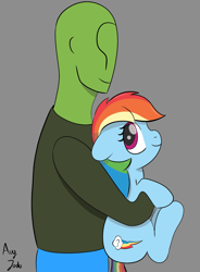 Size: 1343x1822 | Tagged: safe, artist:augjodo, rainbow dash, oc, oc:anon, human, pegasus, pony, carrying, cute, daaaaaaaaaaaw, digital art, female, floppy ears, hnnng, holding a pony, hug, mare, smiling