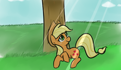 Size: 1186x682 | Tagged: safe, artist:jessy, applejack, earth pony, pony, crepuscular rays, female, happy, mare, prone, solo, tree