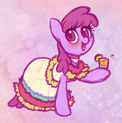 Size: 1280x1292 | Tagged: safe, artist:dawnfire, berry punch, berryshine, earth pony, pony, abstract background, berrybetes, blushing, clothes, colored pupils, commission, dress, drink, female, mare, open mouth, solo