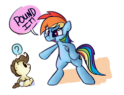 Size: 1060x812 | Tagged: safe, artist:jessy, artist:rustydooks, pound cake, rainbow dash, pegasus, pony, baby, baby pony, bipedal, cute, dialogue, duo, female, mare, pictogram, question mark, simple background, speech bubble