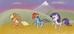 Size: 2372x1120 | Tagged: safe, artist:jessy, applejack, rainbow dash, rarity, earth pony, pegasus, pony, unicorn, fanfic:it's a dangerous business going out your door, female, grass, mare, mountain, trio, walking, wallpaper