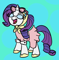 Size: 486x493 | Tagged: safe, artist:heretichesh, rarity, pony, unicorn, blue background, camping outfit, clothes, dress, eyes closed, female, glasses, mare, open mouth, simple background, solo
