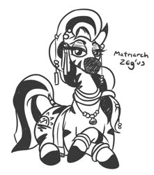 Size: 473x536 | Tagged: safe, artist:jargon scott, oc, oc only, oc:matriarch zeg'us, zebra, black and white, crossed hooves, female, grayscale, looking at you, monochrome, pootgate, prone, simple background, solo, white background, zebra oc