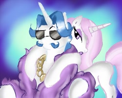 Size: 819x655 | Tagged: safe, artist:arnachy, fancypants, fleur-de-lis, pony, unicorn, abstract background, fancyfleur, female, male, mare, pimp, shipping, stallion, straight, sunglasses